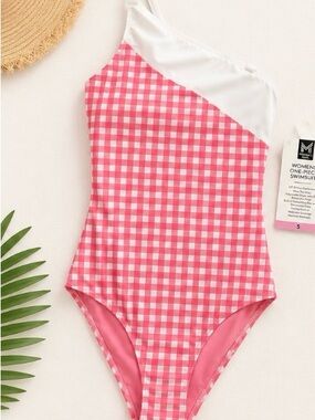 Woman’s ' Pink Gingham One-Shoulder Swimsuit